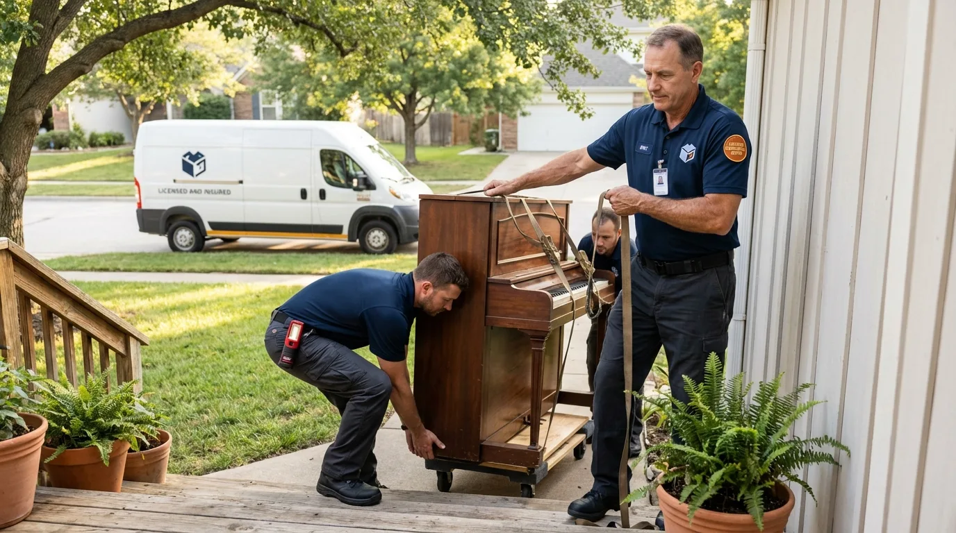 Licensed piano movers securing grand piano in Eveleth, MN