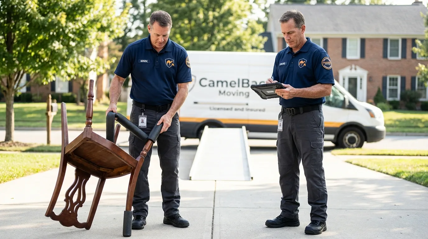Movers inspecting furniture for damage prevention before loading in Eveleth, MN
