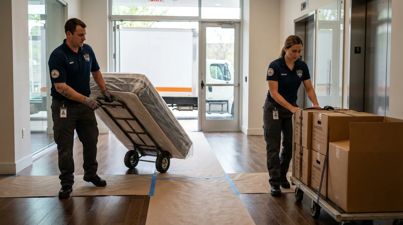 Professional apartment movers loading elevator in Eveleth, MN